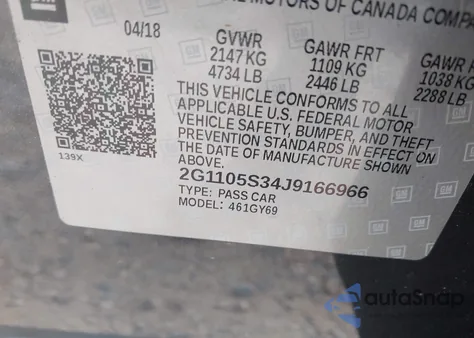 2018 Chevrolet Impala Lt из США, поврежденный, VIN 2G1105S34J9166966